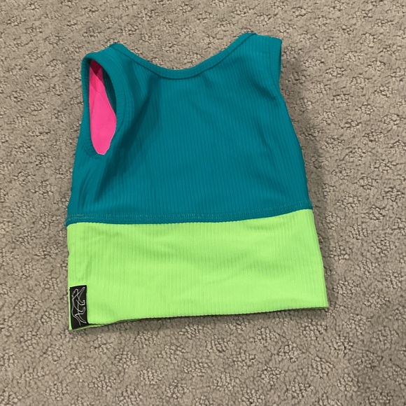 Teal, Hot Pink & Neon Green Colorblock Ribbed Crop Top - Picture 2 of 6
